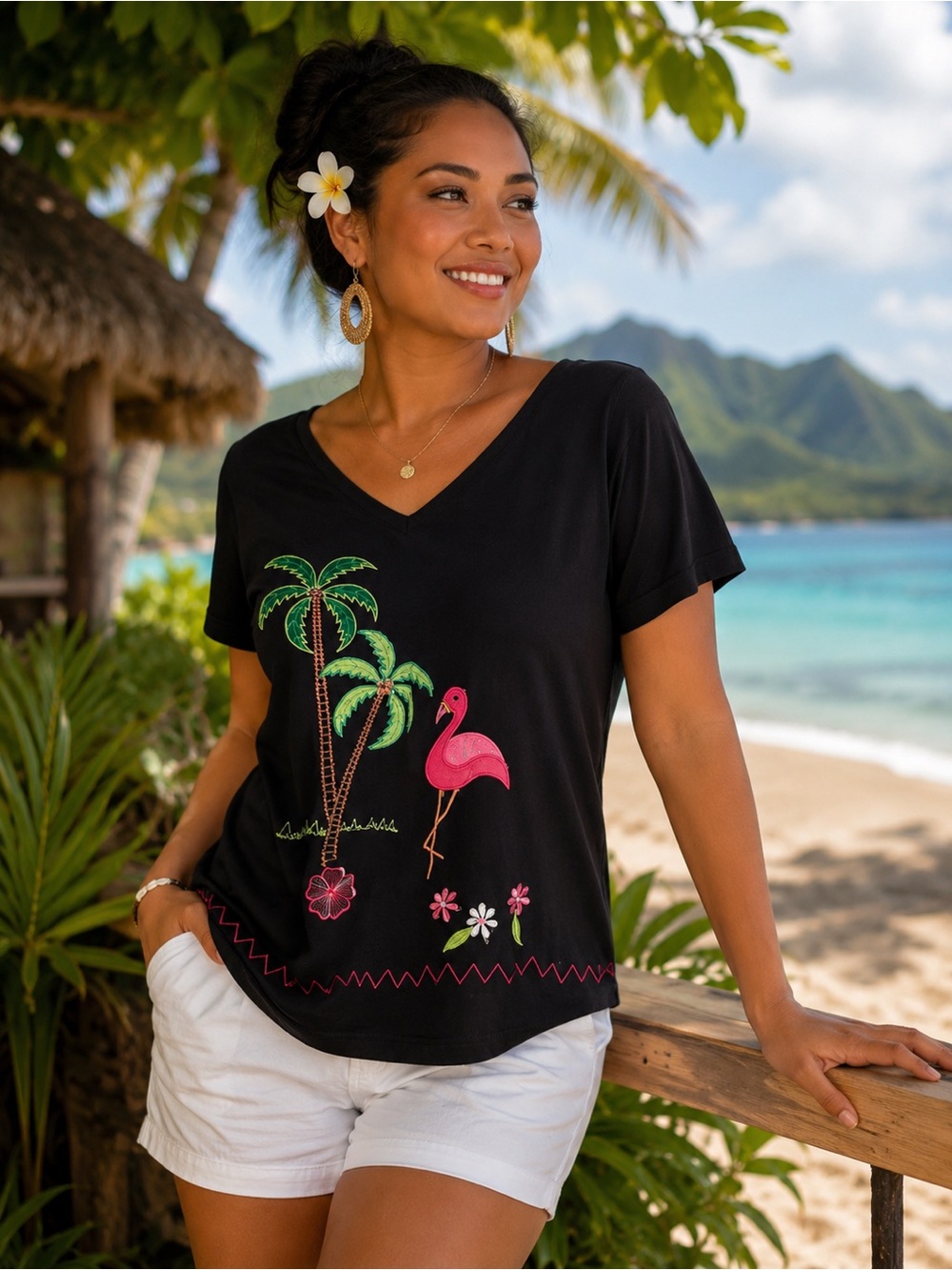 Tropical Flamingo Embroidered Top | Black w/ Palm Tree Design | Vacation Style